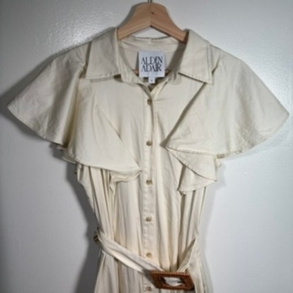 Alden Adair Button Front Dress Women Sz S Cream Ruffle Flutter Sleeve Belted - Picture 5 of 13
